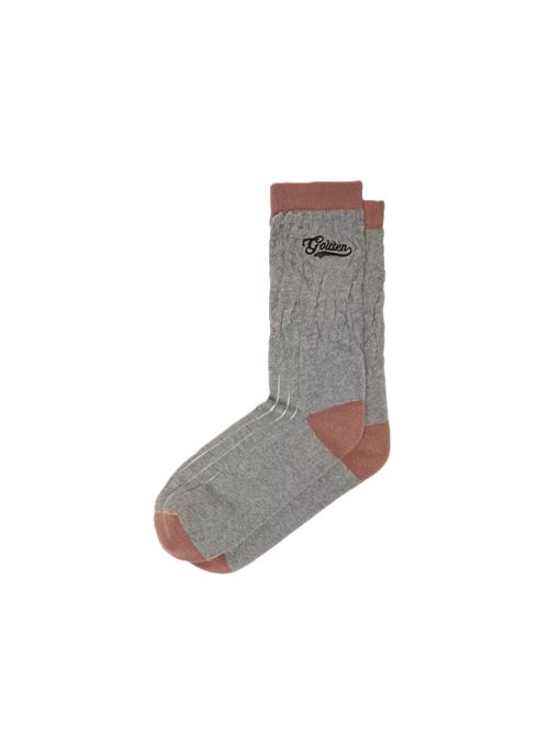 Calzini a coste di colore grigio mélange con dettagli mattone e logo marrone ricamato Golden Goose | GUP02372.P002206.60713MELANGE GREY/CLOVE/CACAO NIBS